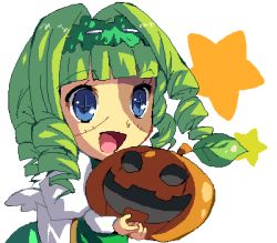 Rule 34 | + +, 1girl, :d, asia, asia (wild arms), blue eyes, blunt bangs, drill hair, enoo, food, green hair, hair intakes, hairband, halloween, happy, holding, holding food, holding pumpkin, holding vegetable, jack-o&#039;-lantern, jaggy lines, leaf, lowres, oekaki, open mouth, pumpkin, short hair, simple background, smile, solo, star (symbol), stitched face, stitches, symbol-shaped pupils, vegetable, white background, wild arms, wild arms 4