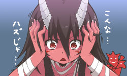 Rule 34 | 1girl, arms up, bandages, black hair, colored skin, eligos, hand in own hair, hands in hair, horns, long hair, lord of vermilion, nanaku teiru, oni, open mouth, red eyes, red skin, triangle mouth