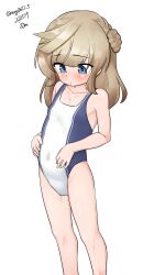 Rule 34 | 1girl, absurdres, adapted costume, aged down, blonde hair, blue eyes, breasts, competition swimsuit, covered navel, dated, double bun, feet out of frame, hair bun, highres, kantai collection, long hair, looking down, maru (marg0613), one-hour drawing challenge, one-piece swimsuit, ranger (kancolle), simple background, small breasts, solo, swimsuit, twitter username, white background, white one-piece swimsuit