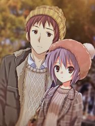 Rule 34 | 1boy, 1girl, beanie, blurry, blurry background, brown coat, brown eyes, brown hair, brown jacket, brown sweater, brown vest, casual, closed mouth, coat, commentary request, couple, expressionless, hair between eyes, hat, hetero, highres, jacket, kyon, long sleeves, looking at viewer, nagato yuki, nanabuluku, open clothes, open jacket, plaid, plaid jacket, purple hair, shirt, short hair, smile, suzumiya haruhi no yuuutsu, sweater, sweater vest, upper body, vest, white shirt