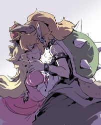 Rule 34 | 1girl, 2girls, armlet, bare shoulders, black dress, black nails, blonde hair, blush, borrowed design, bowsette, bracelet, breasts, collar, commentary request, crown, dress, closed eyes, french kiss, from side, holding person, horns, jewelry, kiss, large breasts, mario (series), multiple girls, nail polish, nejikyuu, new super mario bros. u deluxe, nintendo, pink dress, ponytail, princess peach, puffy sleeves, saliva, saliva trail, spiked bracelet, spiked collar, spikes, strapless, strapless dress, super crown, tail, turtle shell, yuri
