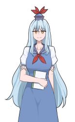 Rule 34 | 1girl, arm under breasts, blue dress, blue hair, bow, breasts, cirno, commentary, cowboy shot, dress, english commentary, hat, highres, holding, holding notebook, kamishirasawa keine, large breasts, long hair, looking at viewer, mata (matasoup), neckerchief, no sclera, notebook, red bow, simple background, solo, tokin hat, touhou, very long hair, white background, yellow eyes