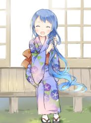 Rule 34 | 10s, 1girl, ^ ^, blue hair, closed eyes, japanese clothes, kantai collection, kimono, long hair, open mouth, samidare (kancolle), sitting, smile, solo, very long hair, wataame27, yukata