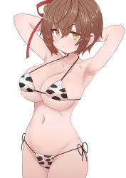 Rule 34 | 1girl, arms up, bare shoulders, bikini, blush, breasts, brown hair, cleavage, closed mouth, collarbone, cowboy shot, groin, hair between eyes, halterneck, highres, large breasts, looking at viewer, micro bikini, navel, original, pout, short hair, side-tie bikini bottom, sidelocks, simple background, solo, string bikini, sumiyao (amam), swimsuit, v-shaped eyebrows, white background, yellow eyes