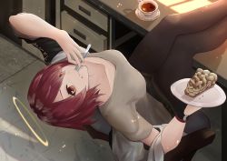 Rule 34 | 1girl, apple pie, arknights, black gloves, black jacket, black pantyhose, black skirt, breasts, chair, chair tipping, closed mouth, commentary, commission, crumbs, cup, day, drawer, eating, english commentary, exusiai (arknights), food, food on face, fork, gloves, grey shirt, hair between eyes, hair over one eye, halo, highres, indoors, jacket, leaning back, looking at viewer, medium breasts, miniskirt, off shoulder, orange eyes, pantyhose, plate, shirt, shiryuu akira, short hair, short sleeves, single glove, sitting, skirt, smile, solo, sunlight, teacup, tile floor, tiles, upside-down