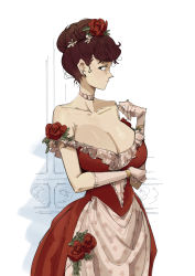Rule 34 | 1girl, bare shoulders, breasts, choker, collarbone, dress, earrings, flower, frilled dress, frills, gutalalaman, hand up, highres, huge breasts, jewelry, leaf, looking at viewer, off-shoulder dress, off shoulder, original, profile, red dress, red flower, red rose, rose, solo, victorian