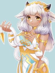 Rule 34 | 1girl, animal ears, armlet, ash (fire emblem), bare shoulders, black horns, blue background, blunt bangs, blush, breasts, closed mouth, collar, commentary request, cow ears, cow girl, cow tail, dark-skinned female, dark skin, dress, ear piercing, fingernails, fire emblem, fire emblem heroes, gau fe, gold trim, grey hair, highres, horns, jewelry, large breasts, looking at viewer, nintendo, piercing, simple background, solo, tail, white dress, yellow eyes