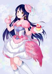 Rule 34 | 1girl, blue hair, blush, cake, commentary request, dress, earrings, feathers, food, hair between eyes, hat, highres, inuko (redconstellation), jewelry, long hair, looking at viewer, love live!, love live! school idol festival, love live! school idol project, plate, simple background, smile, solo, sonoda umi, yellow eyes