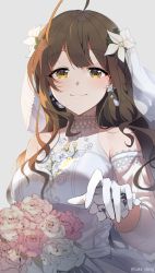 Rule 34 | 1girl, banned artist, bouquet, brown eyes, brown hair, closed mouth, detached sleeves, dress, earrings, flower, gloves, hair flower, hair ornament, highres, holding, holding bouquet, idolmaster, idolmaster shiny colors, jewelry, kuwayama chiyuki, long hair, looking at viewer, pink flower, sake dong, see-through, see-through sleeves, sleeveless, sleeveless dress, smile, solo, twitter username, upper body, wedding dress, white dress, white flower, white gloves