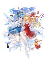 Rule 34 | 2girls, 80isiiii, absurdres, alternate costume, animal ears, bare shoulders, blonde hair, blue eyes, blue hair, blue skirt, blush, cirno, commission, crystal wings, dress, fake animal ears, flandre scarlet, full body, highres, holding, holding ice cream cone, ice, ice cream cone, ice wings, long hair, multiple girls, pointy ears, rabbit ears, red dress, red eyes, shirt, short hair, side ponytail, skirt, touhou, twitter username, white shirt, wings