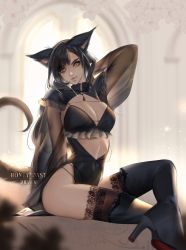 Rule 34 | 1girl, animal ears, warrior of light (ff14), black hair, boots, breasts, cat ears, cat tail, cleavage, commentary, commission, covered navel, crossed legs, english commentary, facial mark, fictional persona, final fantasy, final fantasy xiv, high heel boots, high heels, highres, large breasts, long hair, mahoushani, miqo&#039;te, narrow waist, see-through, see-through sleeves, sitting, slit pupils, solo, tail, thigh boots, thighhighs, thighhighs under boots, whisker markings, yellow eyes