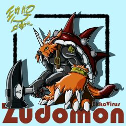 Rule 34 | 1boy, crests (digimon), digimon, digimon (creature), hammer, highres, holy ring, male focus, solo, zudomon