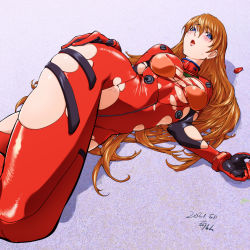 Rule 34 | 1girl, 2021, aged up, alternate breast size, ass, ass grab, blue eyes, bodysuit, breasts, brown hair, closed mouth, curvy, dated, embarrassed, evangelion: 3.0+1.0 thrice upon a time, grabbing own ass, hair between eyes, hair down, hand on own ass, highres, hip focus, kon-kit, large breasts, lips, long hair, looking at viewer, lying, neon genesis evangelion, plugsuit, rebuild of evangelion, red bodysuit, shiny clothes, shiny skin, simple background, solo, souryuu asuka langley, thighs, torn bodysuit, torn clothes, very long hair, white background, wide hips