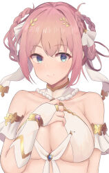 Rule 34 | 1girl, arm at side, bare shoulders, blue eyes, braid, breasts, bridal gauntlets, cleavage, closed mouth, collar, collarbone, detached sleeves, gloves, gold trim, hair between eyes, hair ornament, hair rings, hand on own chest, hand up, highres, jewelry, large breasts, light blush, looking to the side, pink hair, princess connect!, short hair, short sleeves, sidelocks, simple background, smile, solo, upper body, white background, white collar, white gloves, yui081, yui (ceremonial) (princess connect!), yui (princess connect!)