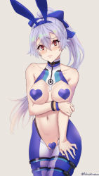 Rule 34 | 1girl, adapted costume, animal ears, bad id, bad pixiv id, blue bow, blue legwear, blush, bow, breasts, fake animal ears, fate/grand order, fate (series), hair between eyes, hair bow, heart pasties, large breasts, long hair, looking at viewer, maebari, meme attire, navel, pasties, ponytail, rabbit ears, red eyes, revealing clothes, reverse bunnysuit, reverse outfit, same no fukahire, silver hair, solo, thigh strap, thighs, tomoe gozen (fate), tomoe gozen (swimsuit saber) (fate), tomoe gozen (swimsuit saber) (first ascension) (fate), white legwear