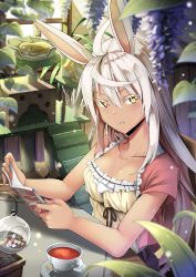 Rule 34 | 1girl, absurdres, ahoge, animal ears, belt, blurry, blurry foreground, book, breasts, camisole, cat, collarbone, cropped jacket, cup, dark-skinned female, dark skin, day, elbow rest, highres, holding, holding book, indoors, jacket, light particles, long hair, looking at viewer, medium breasts, original, parted lips, plant, potted plant, purple skirt, rabbit ears, reading, red jacket, saucer, scratching post, shiny skin, short sleeves, sitting, skirt, smile, solo, sunlight, table, tea, teacup, white hair, window, yellow camisole, yellow eyes, zelitto