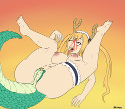 Rule 34 | 1girl, anus, blonde hair, blood, breasts, corpse, death, dragon girl, dragon horns, dragon tail, horns, kobayashi-san chi no maidragon, large breasts, lying, maid headdress, navel, nipples, on back, open mouth, pussy, shot, simple background, solo, spread legs, tail, tongue, tongue out, tohru (maidragon), twintails, uncensored, yellow eyes