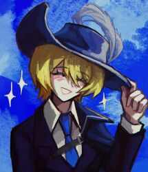 Rule 34 | 1girl, blonde hair, blue cape, blue headwear, blue necktie, blue sky, cape, closed eyes, collared shirt, don quixote (project moon), hand up, hat feather, hat tip, highres, limbus company, necktie, open mouth, project moon, selllrom, shirt, short hair, sky, smile, solo, sparkle, upper body, white shirt