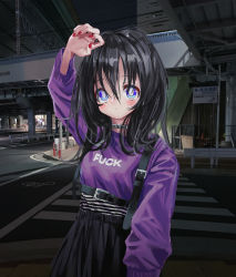 Rule 34 | 1girl, absurdres, belt, black hair, black skirt, blush, bright pupils, chain, chain necklace, closed mouth, clothes writing, crosswalk, fingernails, gishiki (gshk), hand up, highres, jewelry, long hair, long sleeves, looking at viewer, nail polish, necklace, night, original, outdoors, profanity, purple eyes, purple sweater, red nails, skirt, sky, solo, suspender skirt, suspenders, sweater, white pupils