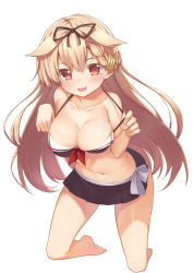 Rule 34 | 10s, 1girl, bare shoulders, barefoot, bikini, bikini skirt, black bikini, black ribbon, black skirt, blonde hair, blush, braid, breasts, cleavage, collarbone, front-tie top, full body, hair flaps, hair ornament, hair ribbon, hairclip, highres, kantai collection, kneeling, large breasts, leaning forward, long hair, looking at viewer, messy hair, naughty face, navel, pleated skirt, red eyes, ribbon, rokuroku (xd p), simple background, single braid, skirt, smile, solo, strap pull, swimsuit, tongue, tongue out, white background, yuudachi (kancolle), yuudachi kai ni (kancolle)