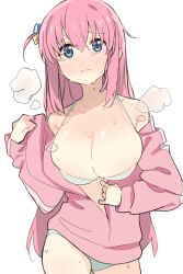 Rule 34 | 1girl, blue eyes, blush, bocchi the rock!, bra, breasts, cleavage, closed mouth, cube hair ornament, gotoh hitori, hair between eyes, hair ornament, hei (tonarinohey), large breasts, long hair, long sleeves, panties, pink hair, simple background, solo, sweat, underwear, wavy mouth, white background, white bra, white panties