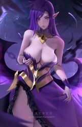 Rule 34 | 1girl, artist name, bare arms, breasts, chain, cleavage, closed mouth, cowboy shot, dress, frilled dress, frills, hand up, highres, large breasts, league of legends, long hair, morgana (league of legends), pink eyes, pink lips, pointy ears, purple dress, purple hair, rached, simple background, solo, standing, watermark, web address, wings
