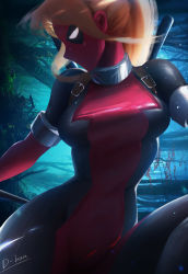 Rule 34 | 1girl, absurdres, alternate hairstyle, bad id, bad pixiv id, belt, blonde hair, bodysuit, breasts, d-han, highres, lady deadpool, looking to the side, marvel, mask, medium breasts, ponytail, profile, signature, solo, superhero costume, sword, tree, weapon