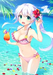 Rule 34 | 1girl, :d, amakarashi, bikini, blue sky, bow, breasts, cleavage, cloud, collarbone, cowboy shot, cup, day, drinking straw, floating hair, flower, frilled bikini, frilled bikini top, frills, green eyes, groin, hair between eyes, hair flower, hair ornament, halterneck, hibiscus, highres, holding, holding cup, large breasts, long hair, looking at viewer, navel, o-ring, o-ring bikini, ocean, open mouth, original, outdoors, petals, pink bikini, pink bow, red hair, side ponytail, sideboob, silver hair, sky, smile, solo, standing, swimsuit, thigh gap, very long hair, wading, white flower, yellow bow
