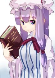 Rule 34 | 1girl, book, dress, frilled sleeves, frills, hashiro, hat, holding, holding book, long hair, mob cap, pajamas, patchouli knowledge, purple eyes, purple hair, solo, striped clothes, striped dress, touhou