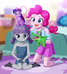 Rule 34 | 2girls, age difference, aged down, alligator, blue eyes, colored skin, crocodilian, grey skin, hair tie, highres, maud pie, multiple girls, my little pony, my little pony: equestria girls, my little pony: friendship is magic, personification, pink hair, pink skin, pinkie pie, princess twilight sparkle, puppet, purple hair, short twintails, siblings, sisters, socks, stone, stuffed toy, twilight sparkle, twintails, uotapo
