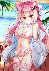 Rule 34 | absurdres, black ribbon, blush, breasts, chii aruel, garter belt, hair ornament, hair ribbon, hairclip, highres, huge filesize, large breasts, lingerie, long hair, looking at viewer, navel, outdoors, panties, pink eyes, pink hair, pink thighhighs, ribbon, soulworker, standing, thighhighs, tia (4017342), tongue, underwear, water, white panties