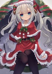 Rule 34 | 1girl, absurdres, animal ear fluff, animal ears, bell, belt, belt buckle, black background, black belt, black thighhighs, blue eyes, bow, breasts, buckle, capelet, christmas, closed mouth, collarbone, dress, ears through headwear, fox ears, fox girl, fox tail, frilled dress, frills, fur-trimmed capelet, fur-trimmed dress, fur-trimmed sleeves, fur trim, grey background, grey hair, hair bell, hair between eyes, hair bow, hair ornament, hairclip, hat, highres, hinata (user rjkt4745), long sleeves, looking at viewer, original, red capelet, red dress, red hat, sack, santa costume, santa hat, small breasts, smile, solo, star (symbol), striped, striped bow, tail, thighhighs, twintails