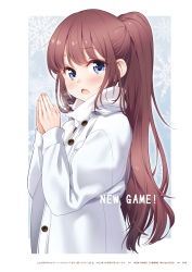 Rule 34 | 1girl, blue eyes, blush, brown hair, coat, copyright name, highres, long hair, long sleeves, new game!, official art, open mouth, page number, ponytail, solo, standing, takimoto hifumi, tokunou shoutarou, very long hair, white coat