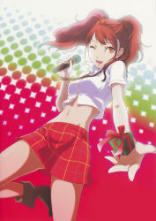 Rule 34 | 1girl, atlus, boots, brown eyes, crop top, earrings, gift, highres, jewelry, kujikawa rise, long hair, microphone, midriff, navel, official art, one eye closed, open mouth, persona, persona 4, red hair, skirt, smile, soejima shigenori, sogabe shuuji, solo, twintails, wink