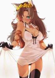 Rule 34 | 10s, 1girl, animal ears, backlighting, bare shoulders, black panties, black thighhighs, blush, bow, breasts, brown hair, cleavage, clothes lift, collarbone, cowboy shot, dress, dress lift, erune, fox ears, gloves, granblue fantasy, green eyes, head wreath, highres, long hair, looking at viewer, medium breasts, mouth hold, nemone, panties, sato (samanosuke 0710), see-through, solo, thighhighs, thighs, underwear, white background, white dress