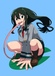 Rule 34 | 10s, 1girl, :d, asui tsuyu, black socks, blazer, blue background, blush, boku no hero academia, breasts, brown eyes, brown footwear, caffein, collared shirt, fingernails, floating hair, full body, green eyes, green hair, green skirt, grey jacket, hair between eyes, hair rings, jacket, kneehighs, large breasts, lily pad, loafers, long hair, long sleeves, long tongue, looking at viewer, matching hair/eyes, necktie, open mouth, pleated skirt, red necktie, round teeth, shirt, shoes, simple background, skirt, smile, socks, solo, squatting, teeth, tongue, tongue out, very long tongue, white shirt, wing collar