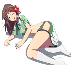 Rule 34 | 10s, 1girl, amagi (kancolle), bare shoulders, breasts, brown hair, cleavage, cleavage cutout, closed eyes, clothing cutout, crop top, hair between eyes, hair ornament, kantai collection, leaf, leaf hair ornament, long hair, lying, maple leaf, midriff, miniskirt, mole, mole under eye, on side, open mouth, ponytail, skirt, smile, solo, thighs, toho-77