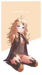 Rule 34 | 1girl, absurdres, ahoge, awan0918, blonde hair, blue eyes, blush, breasts, cape, center opening, character name, closed mouth, covered navel, fire emblem, fire emblem fates, full body, hands on own face, highres, long hair, looking at viewer, nintendo, ophelia (fire emblem), simple background, sitting, small breasts, smile, solo