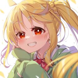 Rule 34 | 1girl, ahoge, blonde hair, blurry, blush, bocchi the rock!, bow, chika (06chimika13), close-up, commentary, depth of field, eyelashes, eyes visible through hair, floating hair, green hoodie, grin, hair between eyes, happy, hood, hood down, hoodie, ijichi nijika, lips, long hair, looking at viewer, polka dot, polka dot bow, red bow, red eyes, side ponytail, sidelocks, simple background, sleeves past wrists, smile, solo, very long hair, white background