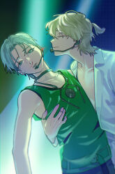 2boys absurdres aji_(eatfishfly) alien_stage arm_around_back blonde_hair blood choker closed_eyes colored_extremities colored_eyelashes commentary english_commentary green_eyes green_tank_top grey_choker grey_hair headset highres luka_(alien_stage) male_focus microphone multiple_boys nosebleed shirt short_hair tank_top thumb_ring till_(alien_stage) very_short_hair white_shirt