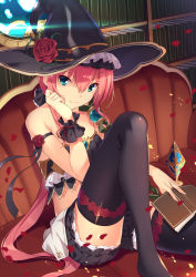Rule 34 | 1girl, akanebi, bad id, bad pixiv id, bandeau, black bandeau, black hat, black skirt, black thighhighs, blue eyes, book, bookshelf, closed mouth, commentary request, fantasy, fingernails, floral print, flower, glowing, hair between eyes, hat, head tilt, highres, holding, holding book, long hair, looking at viewer, low ponytail, open book, orb, original, petals, pink hair, ponytail, print thighhighs, red flower, red rose, rose, rose petals, rose print, sitting, skirt, smile, solo, staff, thighhighs, thorns, very long hair, witch hat, wrist cuffs