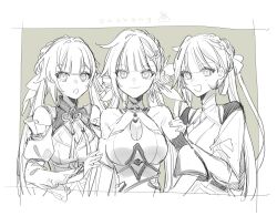 Rule 34 | 3girls, :d, :o, bare shoulders, border, breasts, character name, china dress, chinese clothes, cleavage, cleavage cutout, closed mouth, clothing cutout, commentary, dress, greyscale, hair ornament, honkai: star rail, honkai (series), honkai impact 3rd, large breasts, li sushang, li sushang (jade knight), long hair, looking at viewer, medium breasts, monochrome, multiple girls, multiple persona, open mouth, protected link, smile, sushang (honkai: star rail), symbol-only commentary, tamaya yoi, twintails, unfinished, upper body, very long hair, white border