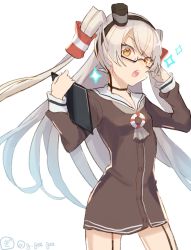 Rule 34 | 10s, 1girl, amatsukaze (kancolle), bespectacled, brown eyes, dress, garter straps, gi (melmail), glasses, hair tubes, kantai collection, long hair, looking at viewer, open mouth, sailor dress, short dress, silver hair, solo, striped clothes, striped thighhighs, thighhighs, twitter username, two side up