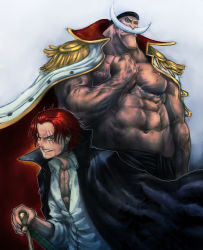 Rule 34 | 2boys, boyaking, cape, edward newgate, facial hair, grin, male focus, manly, multiple boys, mustache, one piece, red hair, shanks (one piece), topless male, smile, sword, weapon