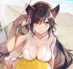 Rule 34 | 1girl, animal ears, artist request, atago (azur lane), atago (summer march) (azur lane), azur lane, ball, bare shoulders, beach, beach umbrella, beachball, breasts, brown eyes, brown hair, choker, cleavage, collarbone, commentary, flower, hair flower, hair ornament, highres, kneeling, large breasts, long hair, looking at viewer, mole, mole under eye, one-piece swimsuit, outdoors, smile, solo, swimsuit, umbrella, water, white one-piece swimsuit