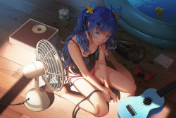 Rule 34 | 1girl, acoustic guitar, bare legs, barefoot, bathroom scale, black camisole, blue eyes, blue hair, blush, camisole, controller, d-pad, d-pad hair ornament, electric fan, game controller, gamepad, glass, guitar, hair ornament, highres, ice, ice cube, instrument, looking at viewer, open mouth, original, pink shorts, red pupils, short shorts, shorts, sitting, solo, thighs, twintails, vofan, wading pool, wariza, weighing scale