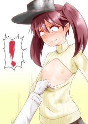 Rule 34 | !, 10s, 1girl, admiral (kancolle), assisted exposure, blush, breastless clothes, brown hair, cleavage cutout, clothes pull, clothing cutout, flat chest, kantai collection, meme attire, nipples, open-chest sweater, pulling another&#039;s clothes, ribbed sweater, ryuujou (kancolle), sweater, sweater pull, takorice, turtleneck, twintails, visor cap
