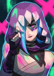 1girl arcane:_league_of_legends arcane_jinx bare_shoulders blue_hair breasts caminukai fingerless_gloves gloves highres hood jinx_(league_of_legends) league_of_legends long_hair looking_at_viewer multicolored_hair pink_eyes small_breasts smile solo tattoo