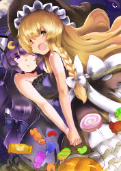 Rule 34 | 2girls, :&lt;, absurdres, animal ears, asymmetrical docking, bare arms, bare shoulders, bat (animal), black dress, blonde hair, braid, breast press, breasts, candy, cat ears, crescent, crescent hair ornament, dress, hair ornament, halloween, holding hands, hat, highres, interlocked fingers, jack-o&#039;-lantern, kemonomimi mode, kirisame marisa, large breasts, layered dress, looking at viewer, mob cap, multiple girls, open mouth, patchouli knowledge, purple dress, purple eyes, purple hair, sash, senbon tsuki, single braid, sleeveless, sleeveless dress, smile, symmetrical docking, touhou, triangle mouth, witch hat, yellow eyes