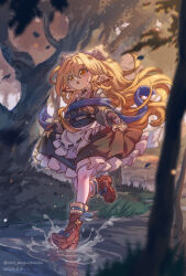 Rule 34 | 1girl, :o, absurdres, apron, blonde hair, blue bow, blue scarf, boots, bow, brown footwear, brown skirt, center frills, chinese commentary, commentary request, footwear bow, frilled apron, frills, grass, highres, leg up, long hair, long sleeves, looking at viewer, nero augustus, open mouth, original, outdoors, puddle, ribbon-trimmed apron, ribbon trim, running, scarf, skirt, skirt hold, solo, splashing, sweatdrop, teeth, tree, upper teeth only, white apron, yellow eyes